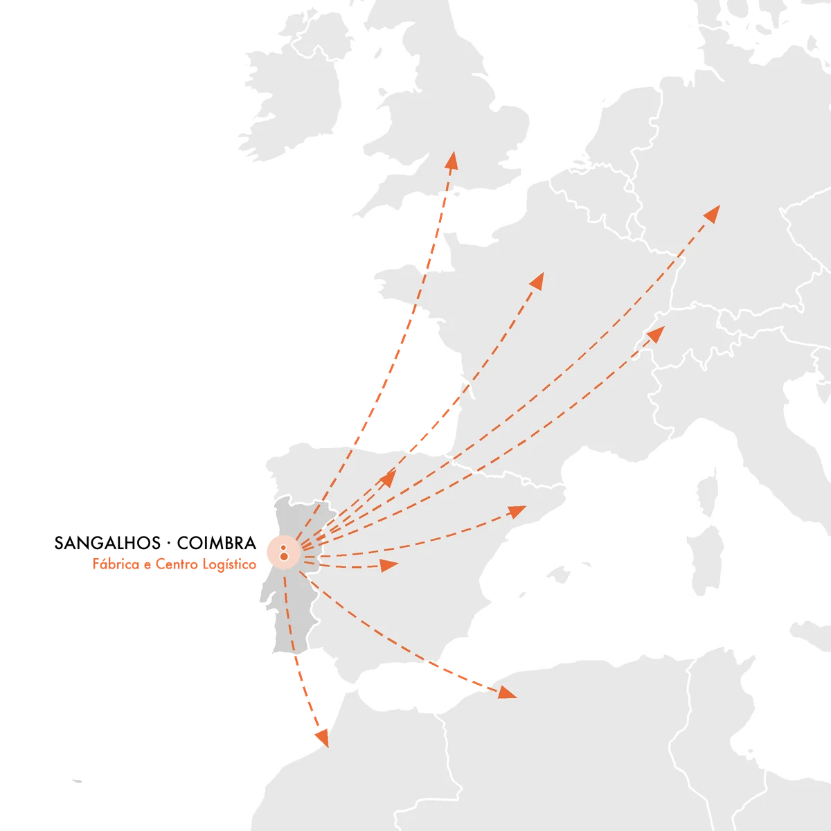 Mapa da rede de distribuição da Dalifal, de Portugal para países vizinhos na Europa e em África
